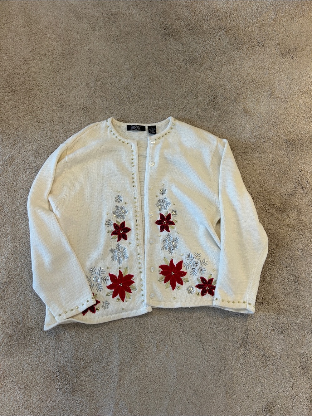 St. John's Bay Cream Embellished Holiday Cardigan with Red Poinsettias